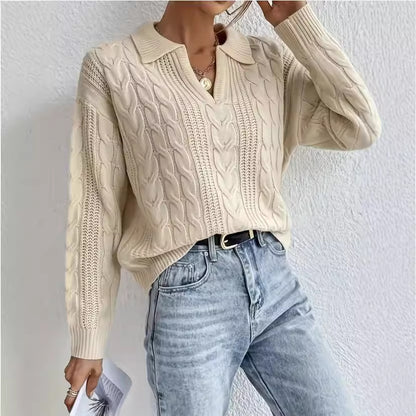 Style Plain Color Short Sleeve Polo Neck Knit Sweater Top for Women