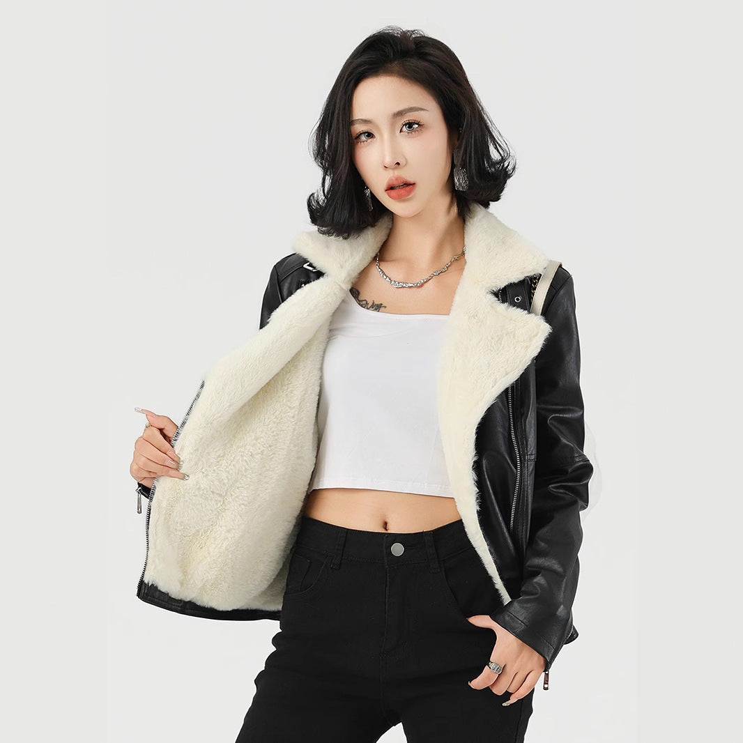 Women's Faux Fur Lined Black Leather Moto Jacket for Winter