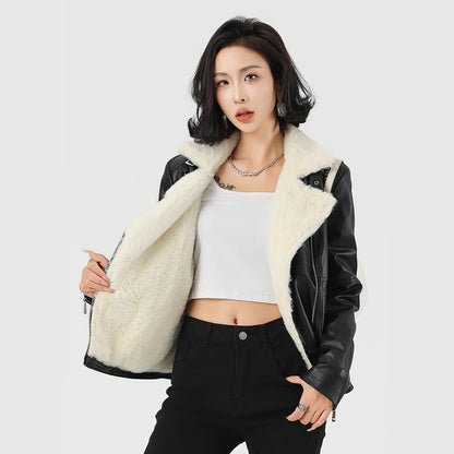 Women's Faux Fur Lined Black Leather Moto Jacket for Winter