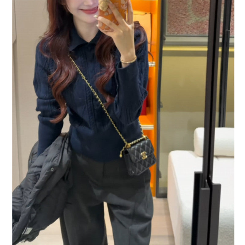 Polo lapel Fried Dough Twists base top waist short sweater