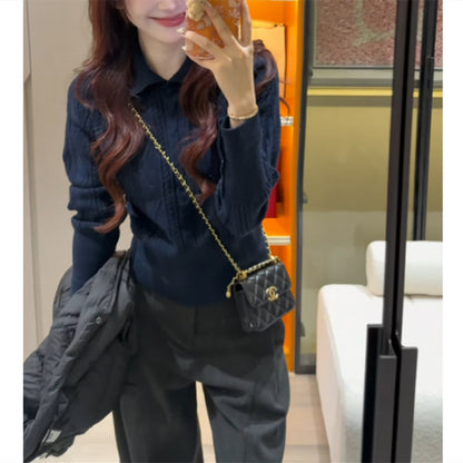 Polo lapel Fried Dough Twists base top waist short sweater