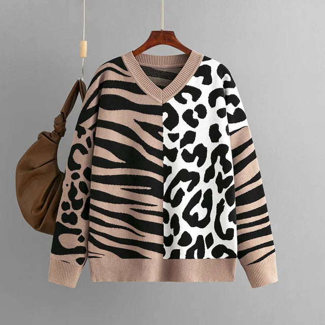 Autumn/Winter New Sweater For Women Leopard Color Block V-neck Long Sleeve Loose Knitted Pullover Top Female