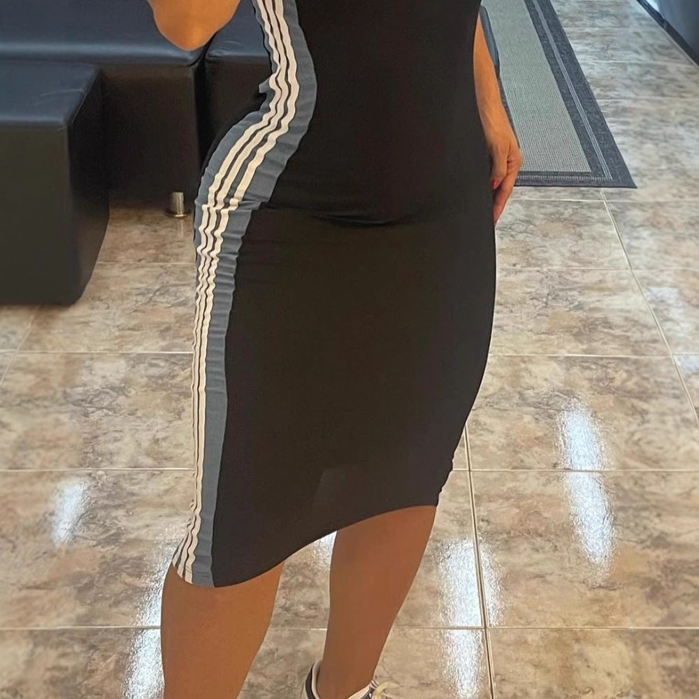 Hot Selling New Style Sportswear Women's Sleeveless Large U-Neck Striped Color Block Fitted Dress