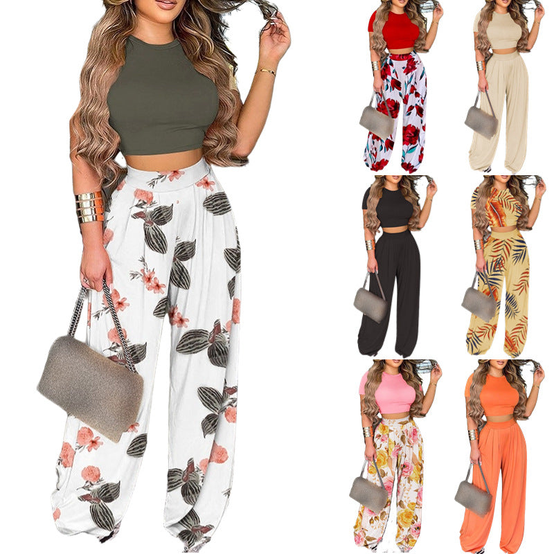 European And American Women's Two-piece Crewneck Top Waist Pants Set