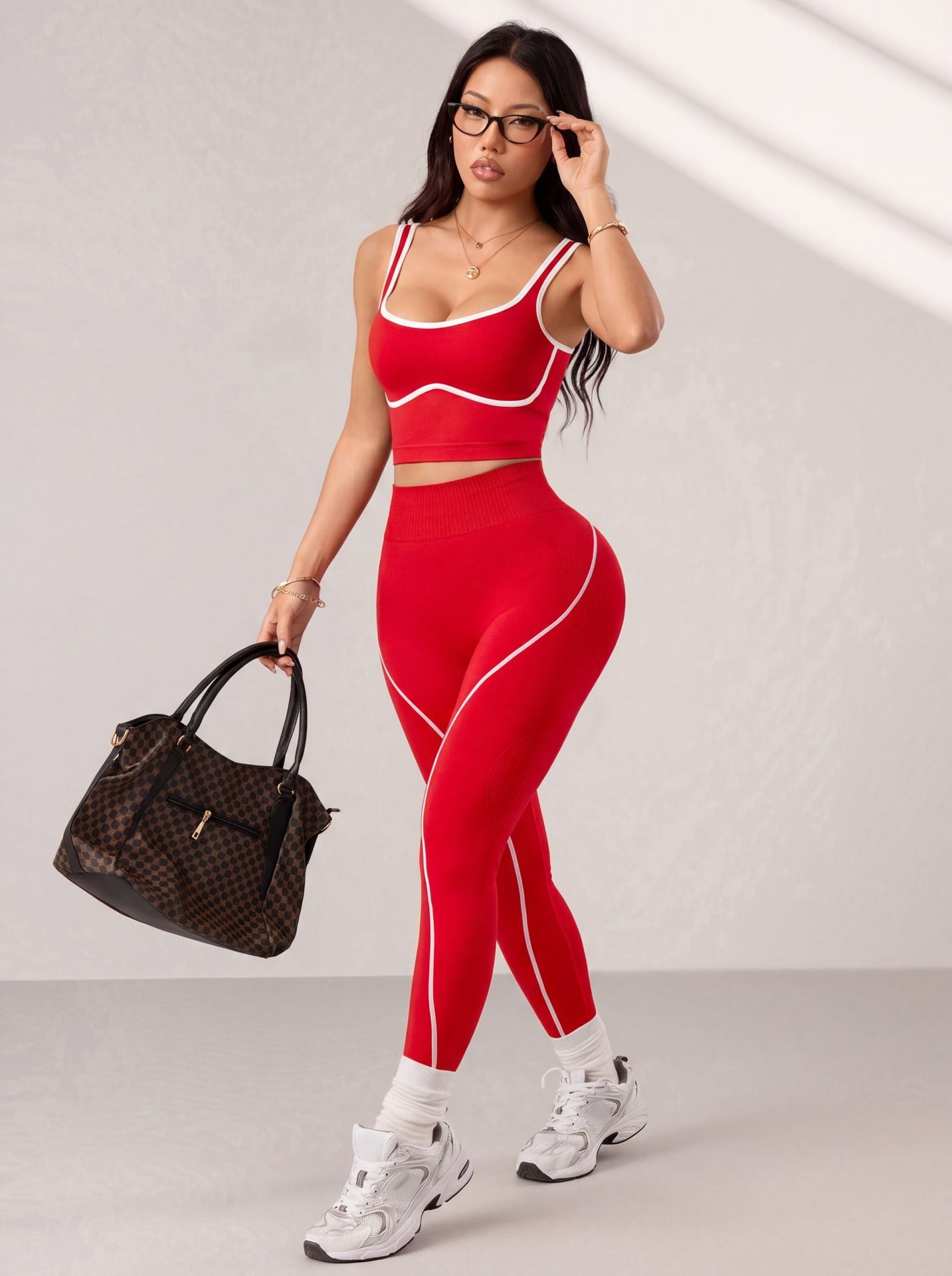 Seamless Yoga Pants Set for Women, Color-Blocking Sports Fitness Set, Running Fitness Tank Top, High-Waisted Peach Butt Pants