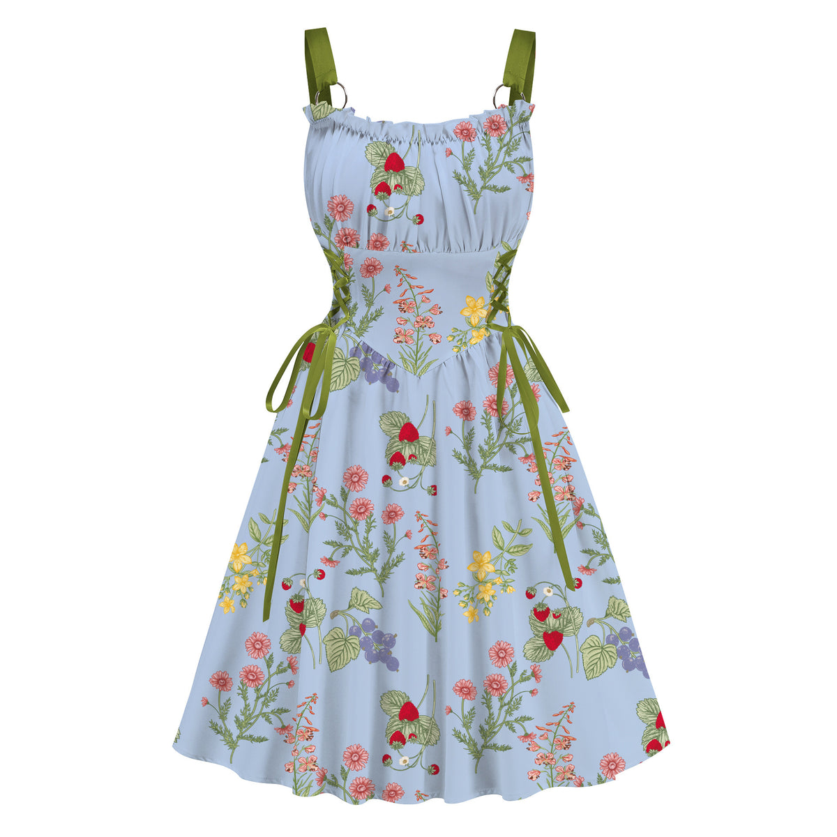 Women's Floral Print Flared Dress with Metal Ring Straps and Lace-Up Waist – Summer Cottagecore Sundress