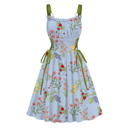 Women's Floral Print Flared Dress with Metal Ring Straps and Lace-Up Waist – Summer Cottagecore Sundress