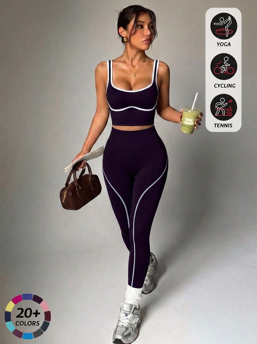 Seamless Yoga Pants Set for Women, Color-Blocking Sports Fitness Set, Running Fitness Tank Top, High-Waisted Peach Butt Pants