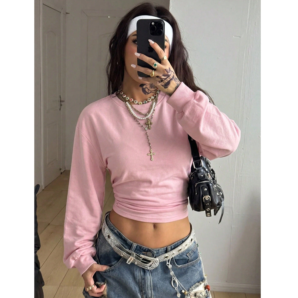 Autumn Women Clothing Short Slim Fit Sexy Cropped round Neck Solid Color Sweatshirts