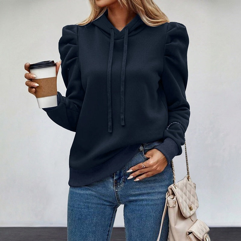 Autumn Winter Comfort Casual Pullover Puff Sleeve Solid Color Long Sleeve Hooded