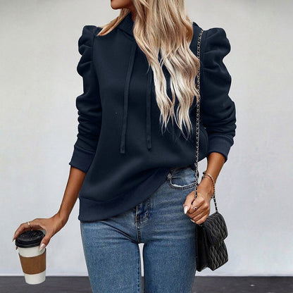 Autumn Winter Comfort Casual Pullover Puff Sleeve Solid Color Long Sleeve Hooded