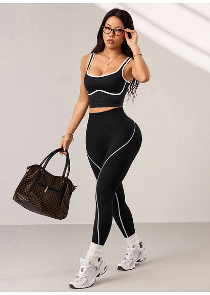 Seamless Yoga Pants Set for Women, Color-Blocking Sports Fitness Set, Running Fitness Tank Top, High-Waisted Peach Butt Pants