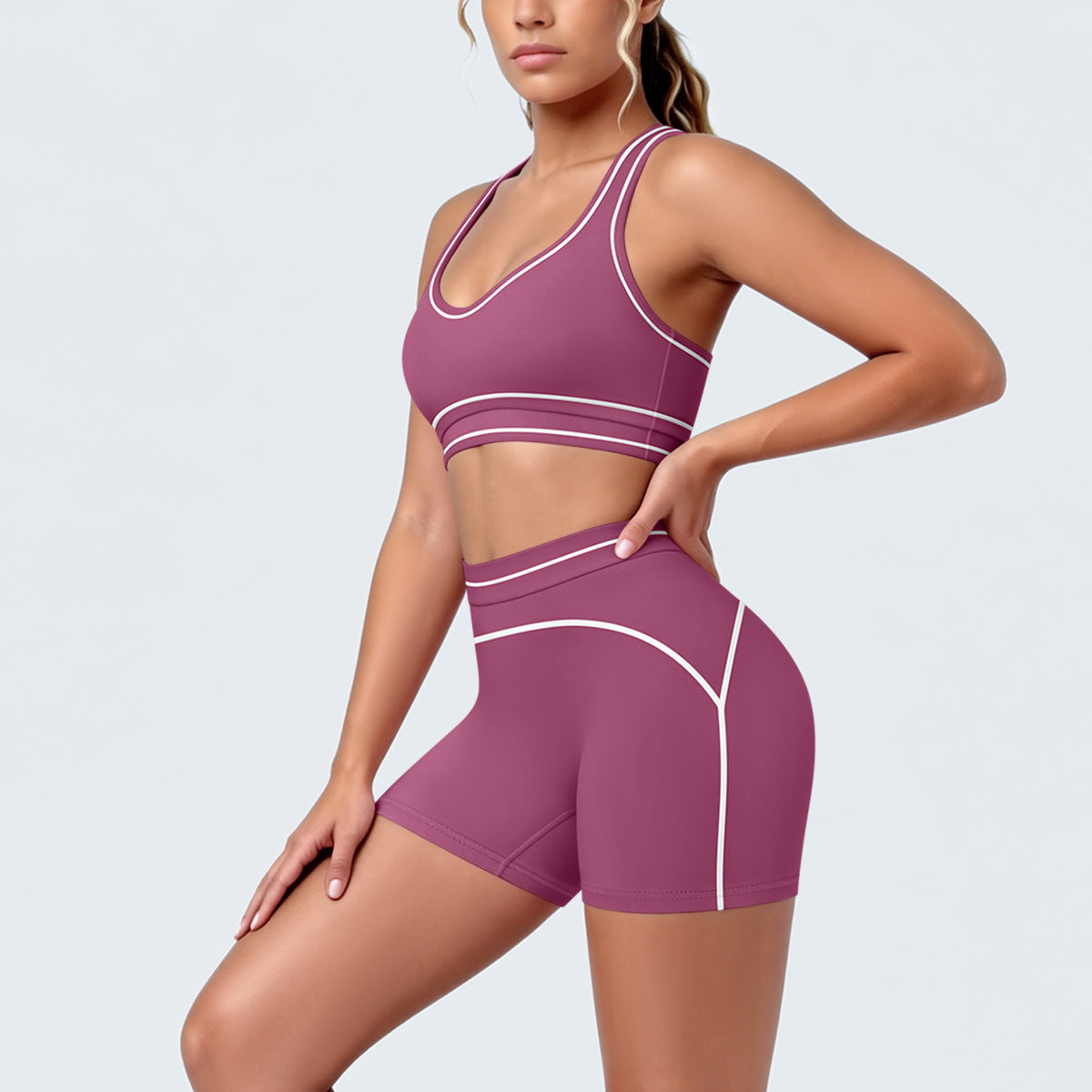 Colorblock Fitness With Shockproof Push Up Bra High Waist Shaping Shorts Yoga Set