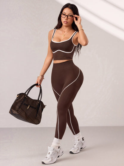 Seamless Yoga Pants Set for Women, Color-Blocking Sports Fitness Set, Running Fitness Tank Top, High-Waisted Peach Butt Pants