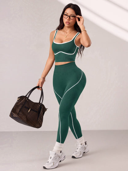 Seamless Yoga Pants Set for Women, Color-Blocking Sports Fitness Set, Running Fitness Tank Top, High-Waisted Peach Butt Pants