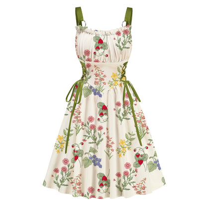 Women's Floral Print Flared Dress with Metal Ring Straps and Lace-Up Waist – Summer Cottagecore Sundress