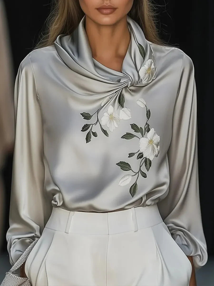 The 'Luxe-Flow' Printed Satin Stand-Collar Blouse 2026