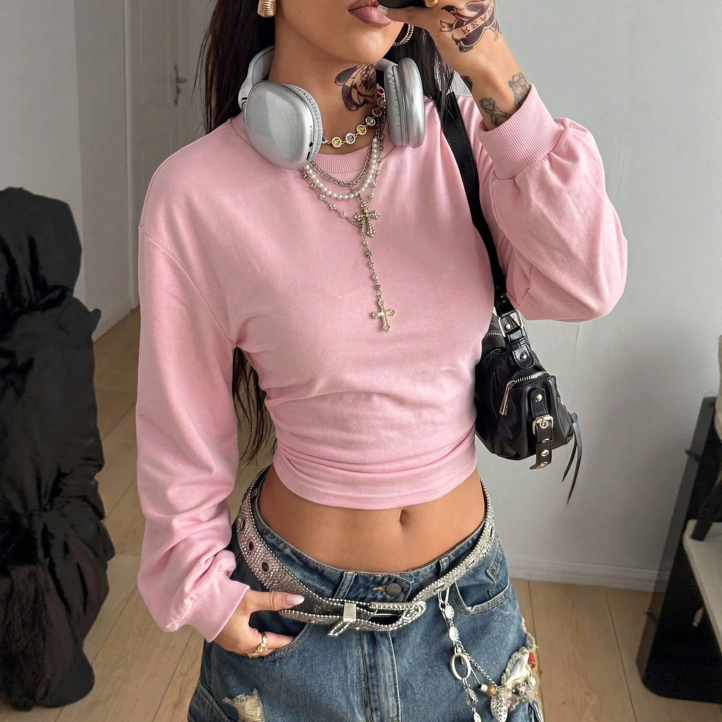 Autumn Women Clothing Short Slim Fit Sexy Cropped round Neck Solid Color Sweatshirts