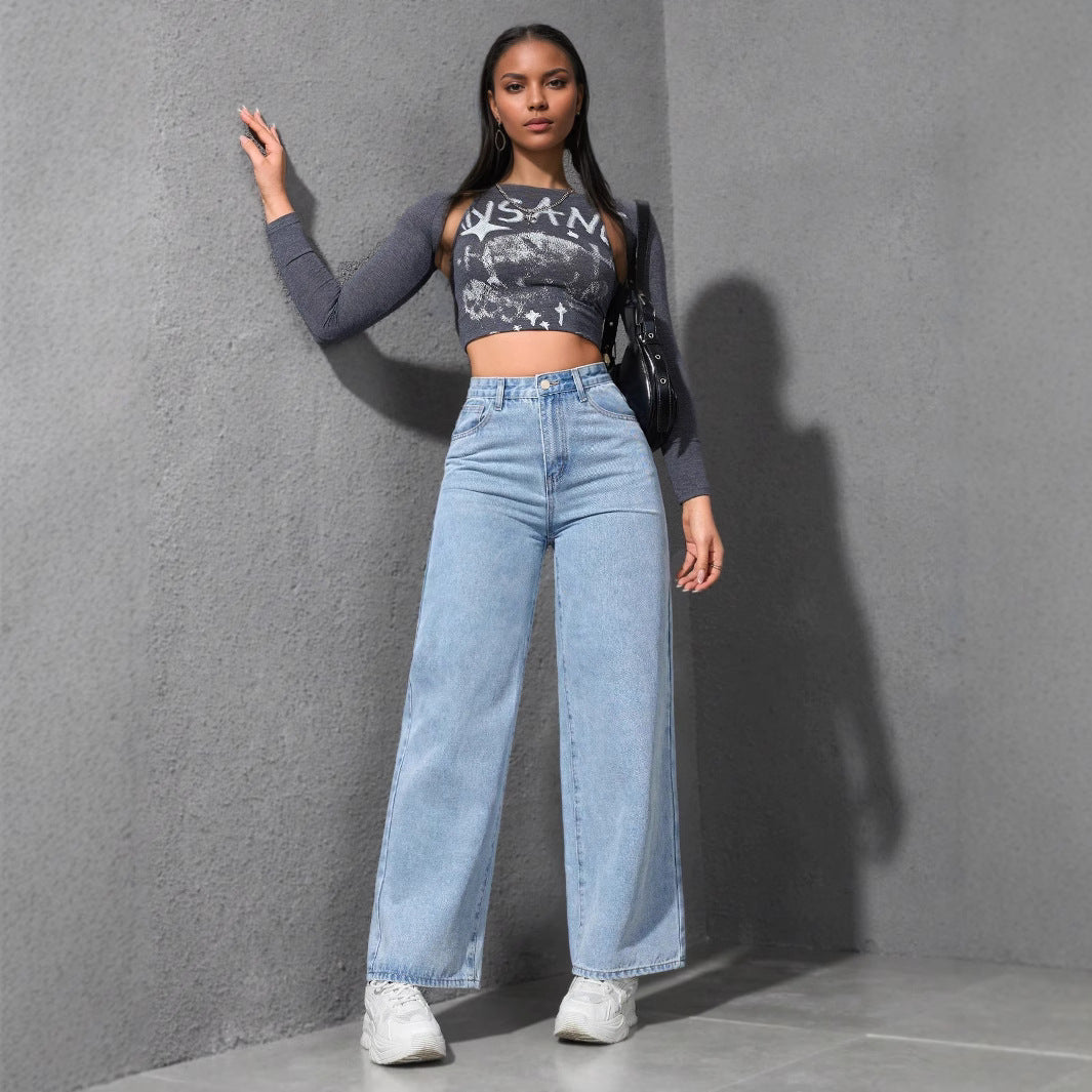 Spring New Style Light-Colored Washed Loose Slimming Look Floor-Length Denim Pants Jeans