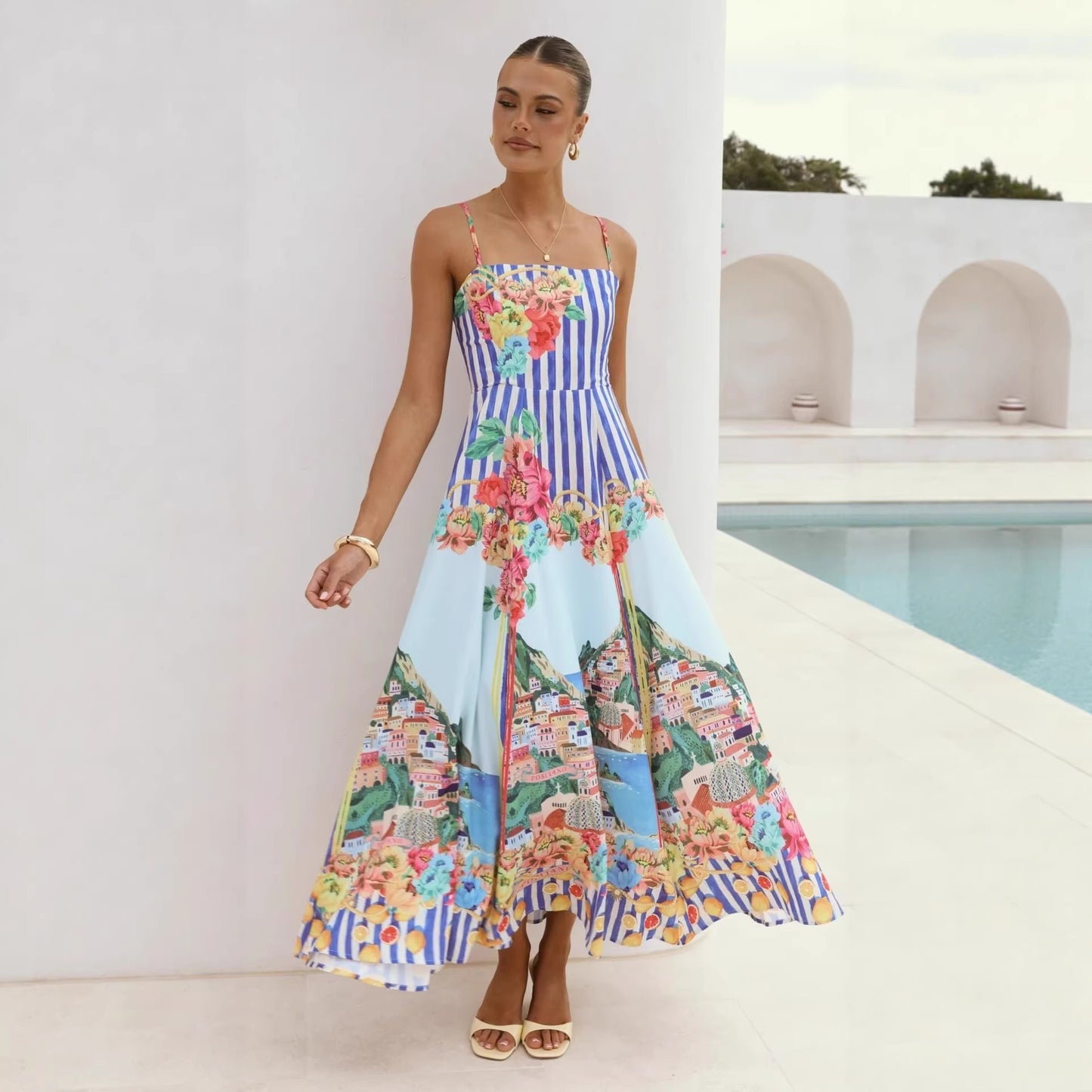 Women's Amalfi Coast Print Spaghetti Strap Maxi Dress – Floral Scenic Swing Dress