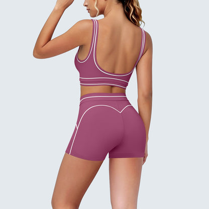Colorblock Fitness With Shockproof Push Up Bra High Waist Shaping Shorts Yoga Set