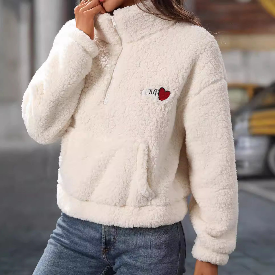 Women Clothing Arrival Autumn Winter Plush Long Sleeve Loose Half Zipped Stand Collar Pullover Sweatshirt