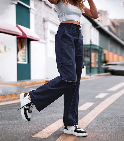 Summer New Casual Pants Women's Button High Waist Wide Leg Cargo Pants Women's Pants
