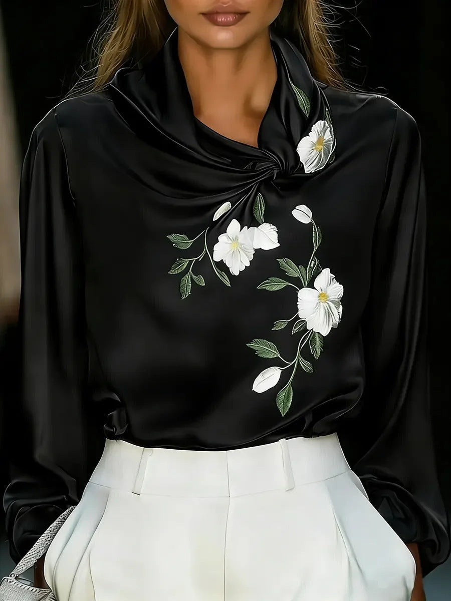 The 'Luxe-Flow' Printed Satin Stand-Collar Blouse 2026