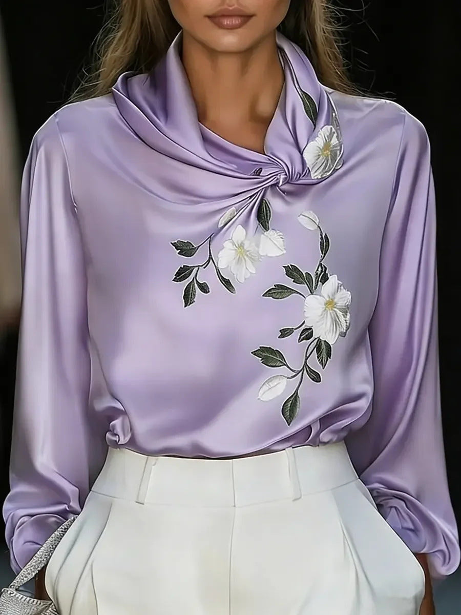 The 'Luxe-Flow' Printed Satin Stand-Collar Blouse 2026