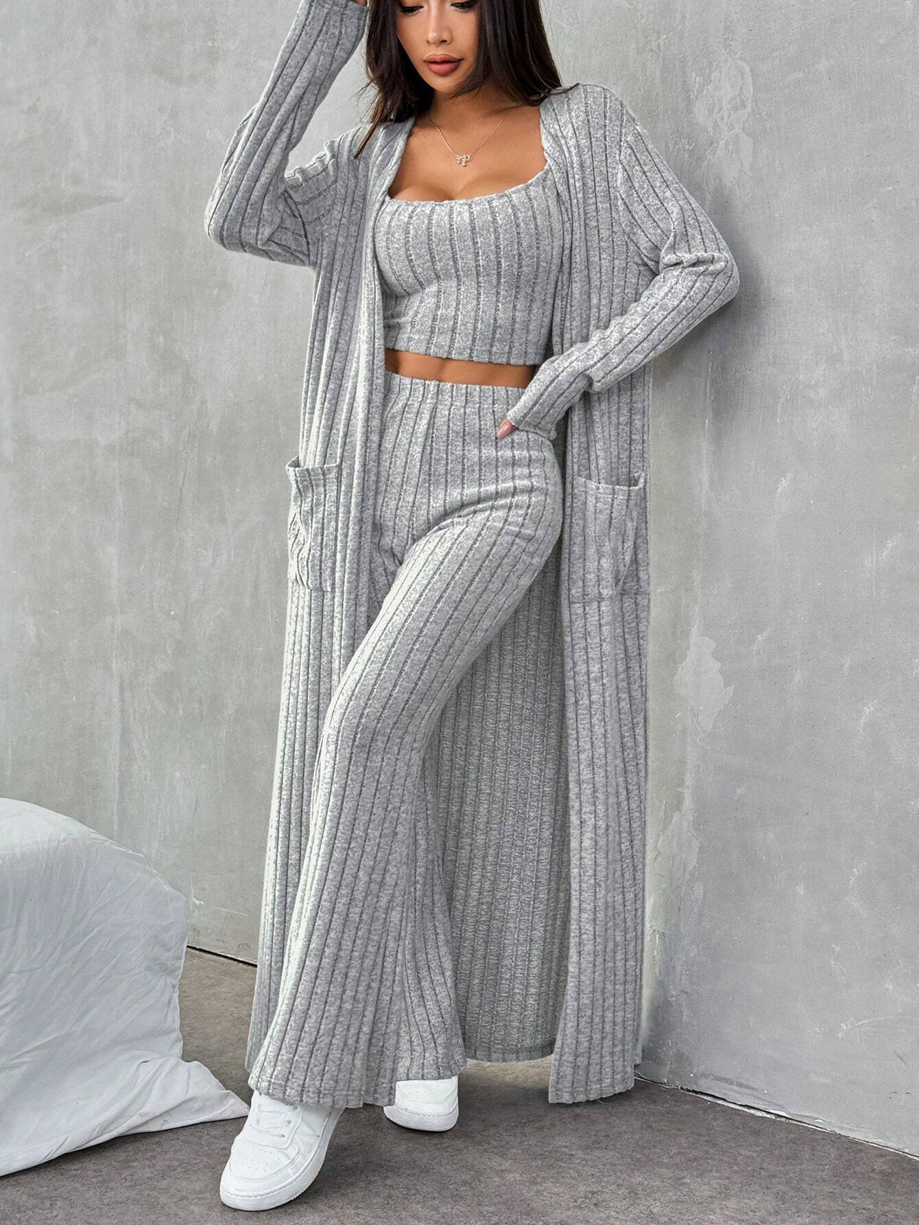 Women's 3-Piece Ribbed Knit Lounge Set – Cami Top, Wide Leg Pants & Long Cardigan
