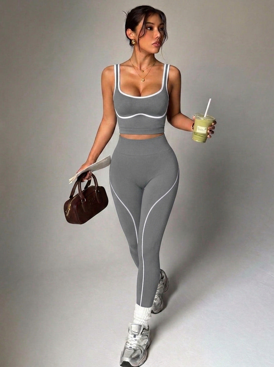 Seamless Yoga Pants Set for Women, Color-Blocking Sports Fitness Set, Running Fitness Tank Top, High-Waisted Peach Butt Pants