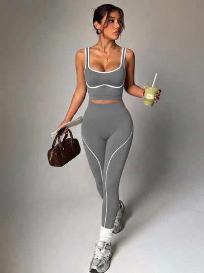 Seamless Yoga Pants Set for Women, Color-Blocking Sports Fitness Set, Running Fitness Tank Top, High-Waisted Peach Butt Pants