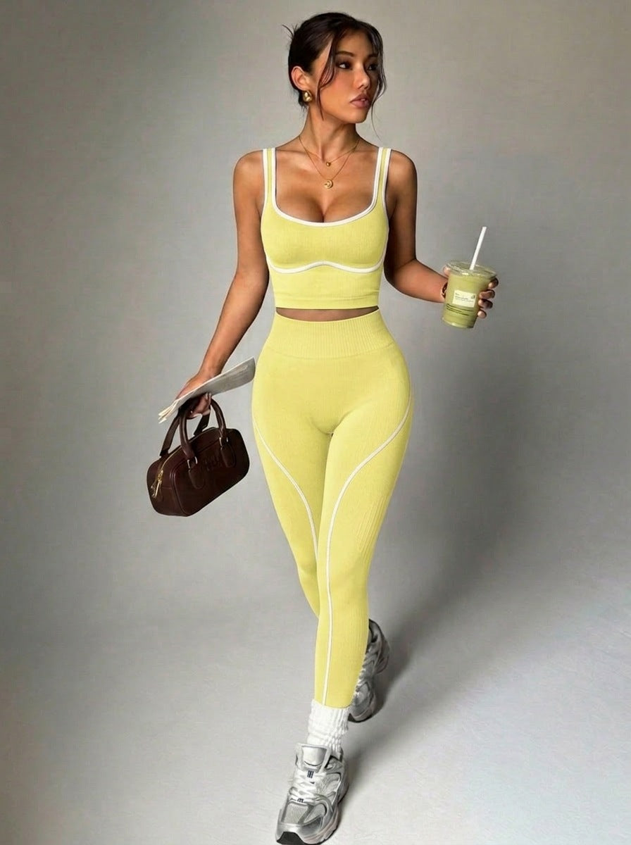 Seamless Yoga Pants Set for Women, Color-Blocking Sports Fitness Set, Running Fitness Tank Top, High-Waisted Peach Butt Pants