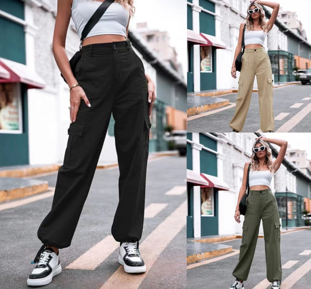 Summer New Casual Pants Women's Button High Waist Wide Leg Cargo Pants Women's Pants