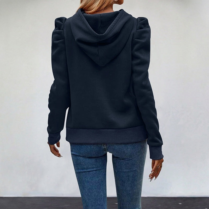 Autumn Winter Comfort Casual Pullover Puff Sleeve Solid Color Long Sleeve Hooded