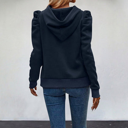 Autumn Winter Comfort Casual Pullover Puff Sleeve Solid Color Long Sleeve Hooded