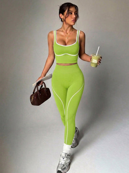 Seamless Yoga Pants Set for Women, Color-Blocking Sports Fitness Set, Running Fitness Tank Top, High-Waisted Peach Butt Pants