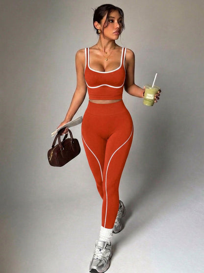 Seamless Yoga Pants Set for Women, Color-Blocking Sports Fitness Set, Running Fitness Tank Top, High-Waisted Peach Butt Pants
