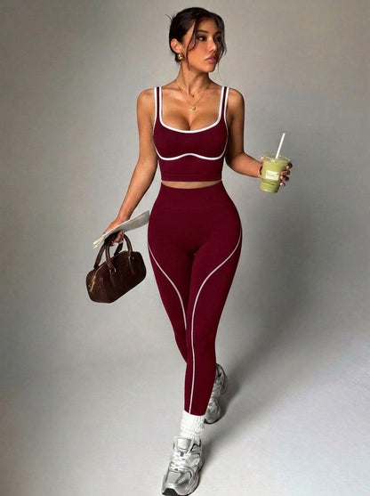 Seamless Yoga Pants Set for Women, Color-Blocking Sports Fitness Set, Running Fitness Tank Top, High-Waisted Peach Butt Pants