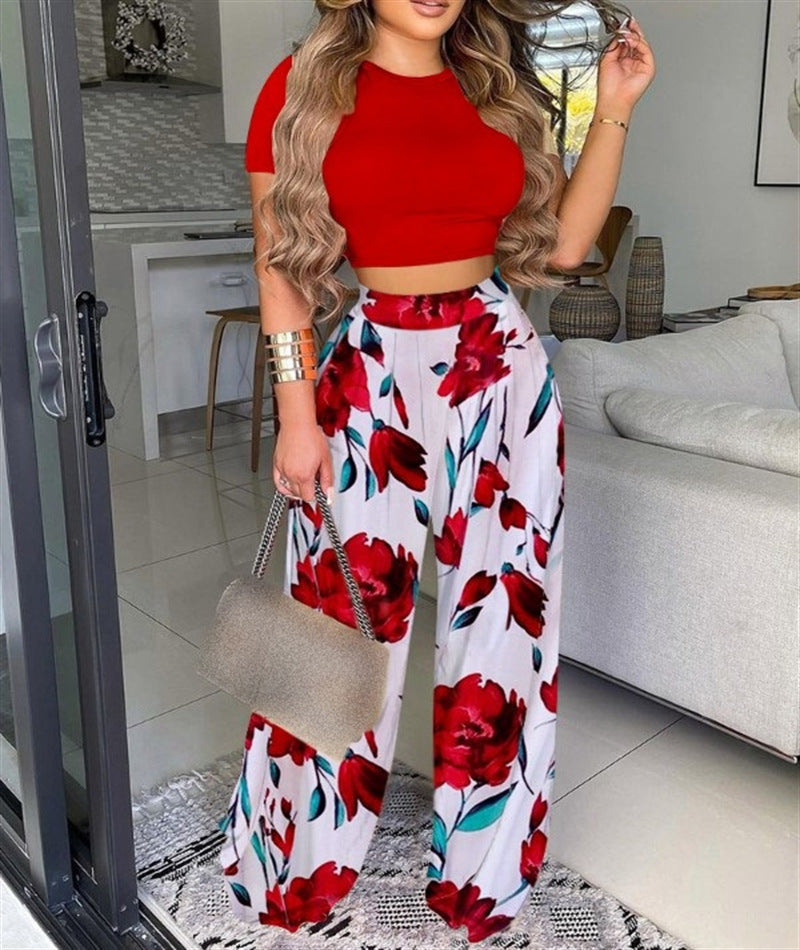 European And American Women's Two-piece Crewneck Top Waist Pants Set