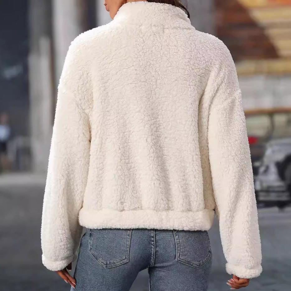 Women Clothing Arrival Autumn Winter Plush Long Sleeve Loose Half Zipped Stand Collar Pullover Sweatshirt