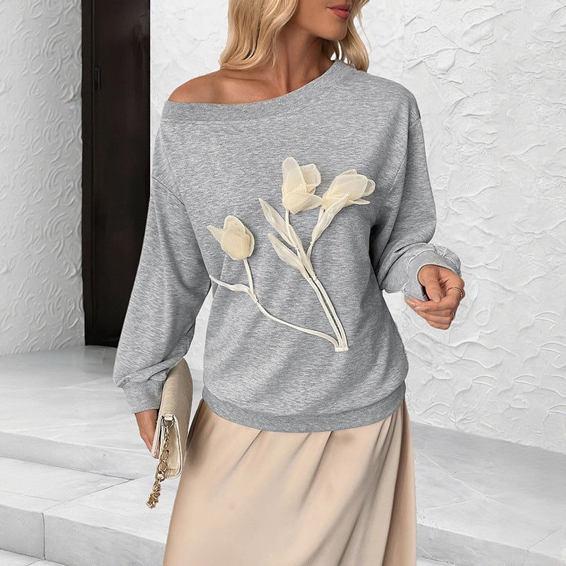 Autumn Winter Three Dimensional Floral Long Sleeve Shoulder Sweater Women