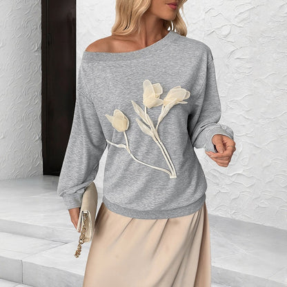 Autumn Winter Three Dimensional Floral Long Sleeve Shoulder Sweater Women