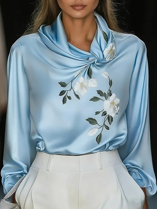 The 'Luxe-Flow' Printed Satin Stand-Collar Blouse 2026