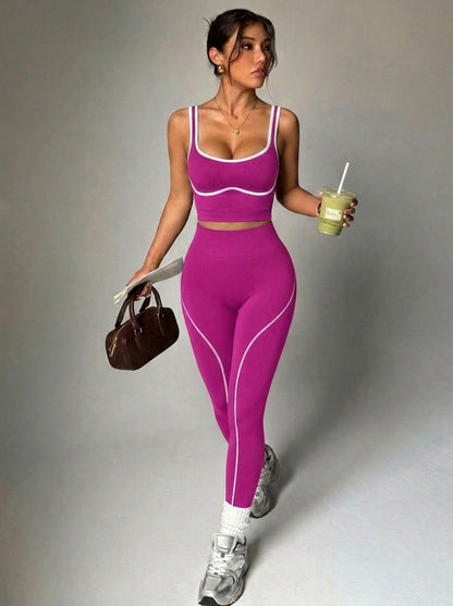 Seamless Yoga Pants Set for Women, Color-Blocking Sports Fitness Set, Running Fitness Tank Top, High-Waisted Peach Butt Pants