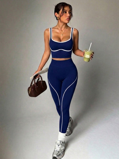 Seamless Yoga Pants Set for Women, Color-Blocking Sports Fitness Set, Running Fitness Tank Top, High-Waisted Peach Butt Pants