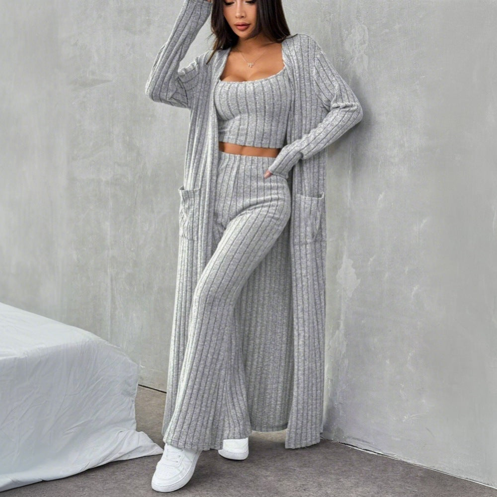 Women's 3-Piece Ribbed Knit Lounge Set – Cami Top, Wide Leg Pants & Long Cardigan