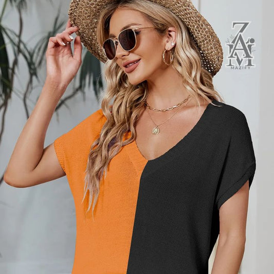 Loose V-neck short sleeved women's  knitted sweater