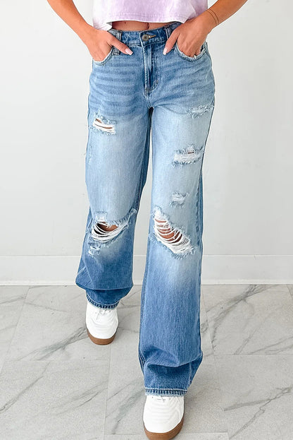 The 'Myosotis' Distressed Mid-Rise Straight Jeans