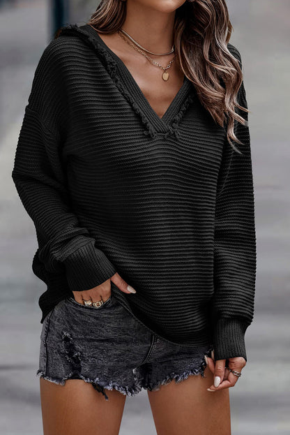 Black Split V Neck Pullover Knit Hooded Sweater